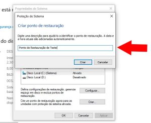 Nomeando um ponto de restauração do sistema