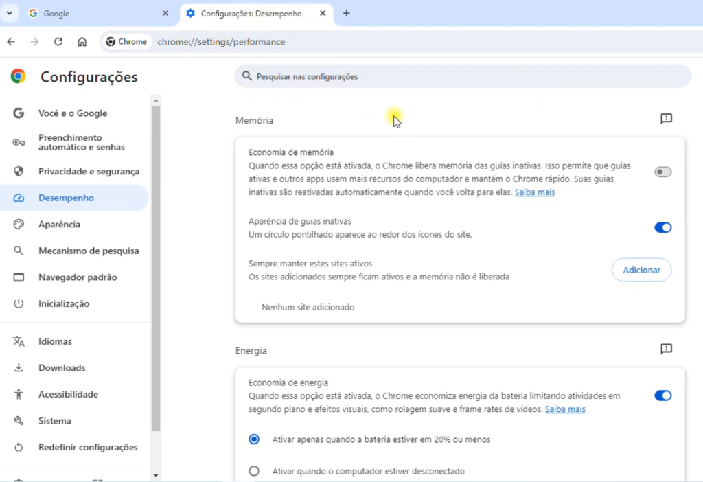 economia de memoria no Chrome