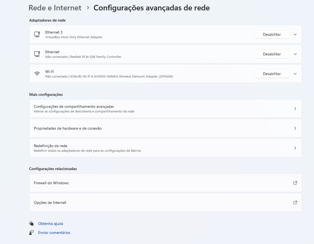 Tela de configurações avançadas de rede