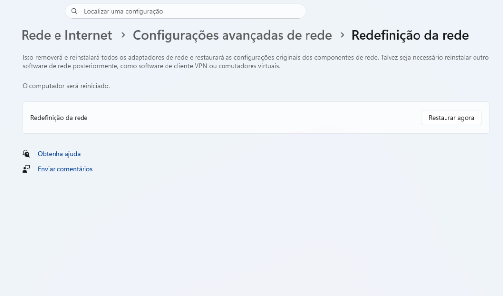 tela de restauração das configurações de rede do Windows