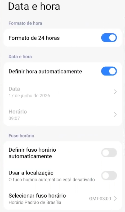Definir data e hora manualmente