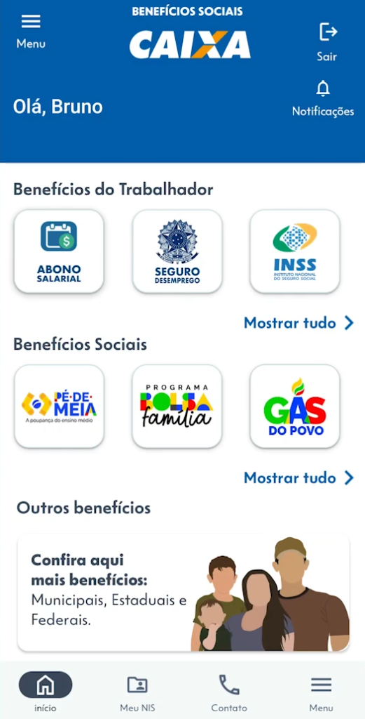 Tela inicial app Benefícios Sociais Caixa