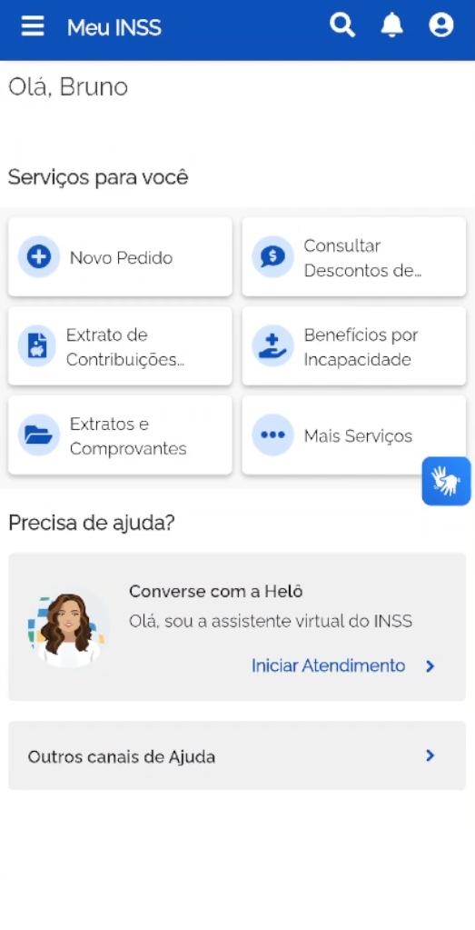 Tela inicial aplicativo Meu INSS