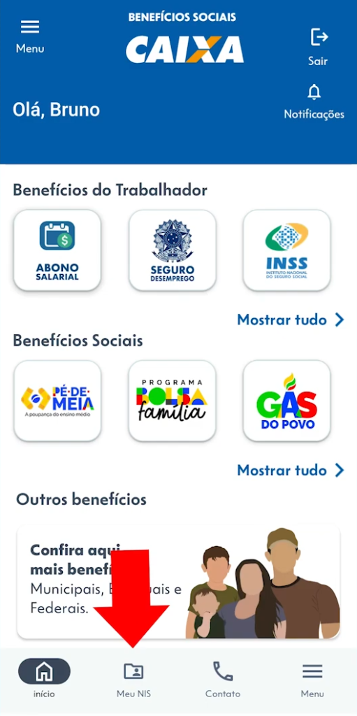 Tela inicial Benefícios Sociais Caixa, indicando opção "Meu NIS"