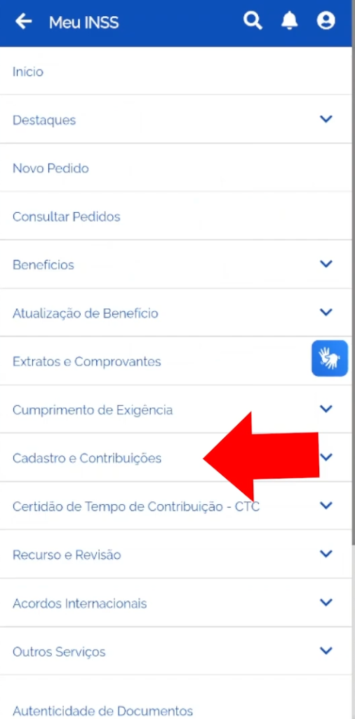 Visível a opção "Cadastro e Contribuições" no App Meu INSS.