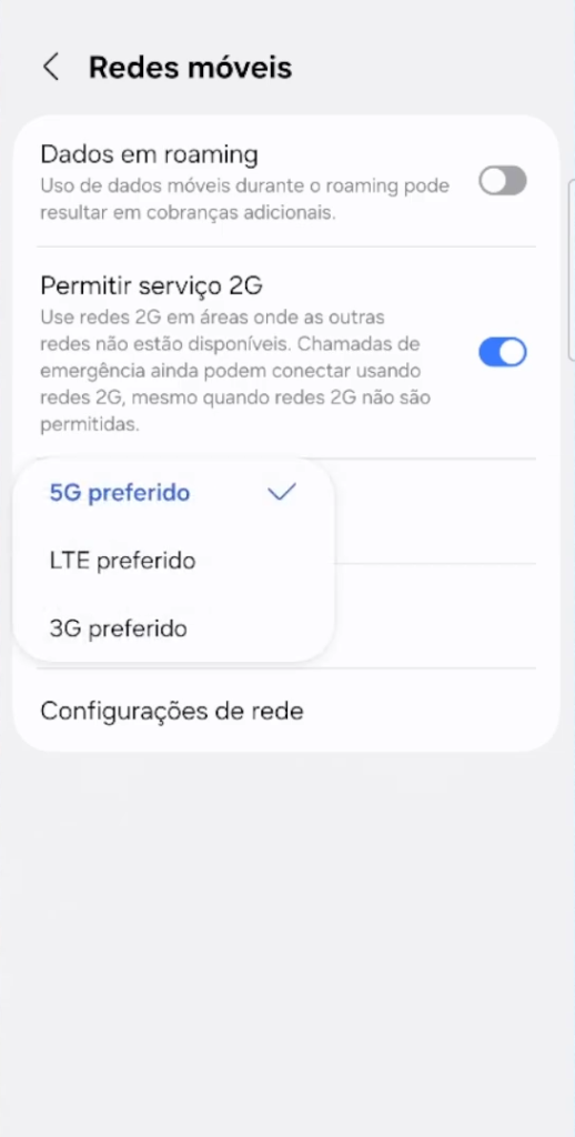 Alterar tipo de rede móvel no celular